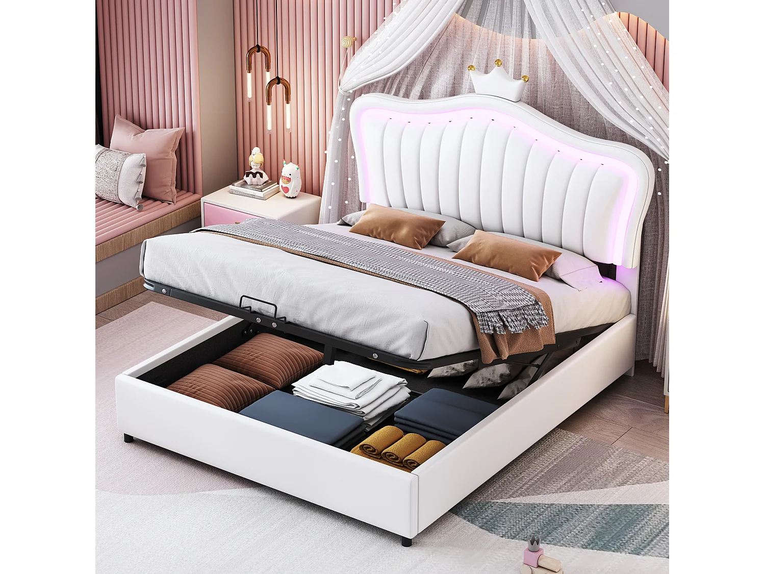 Lit Princesse Rembourré 140x200 cm avec Rangement Hydraulique, LED Multicolore Télécommande, Tête de Lit Coquille Couronne, Blanc