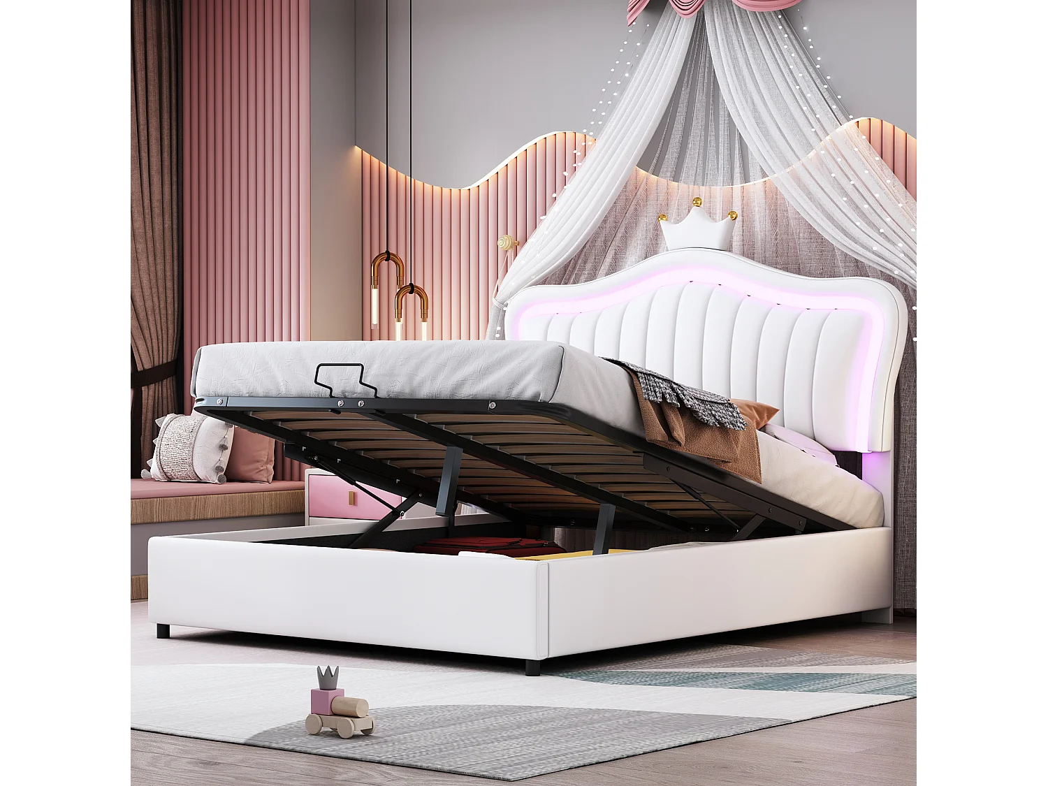 Lit Princesse Rembourré 140x200 cm avec Rangement Hydraulique, LED Multicolore Télécommande, Tête de Lit Coquille Couronne, Blanc