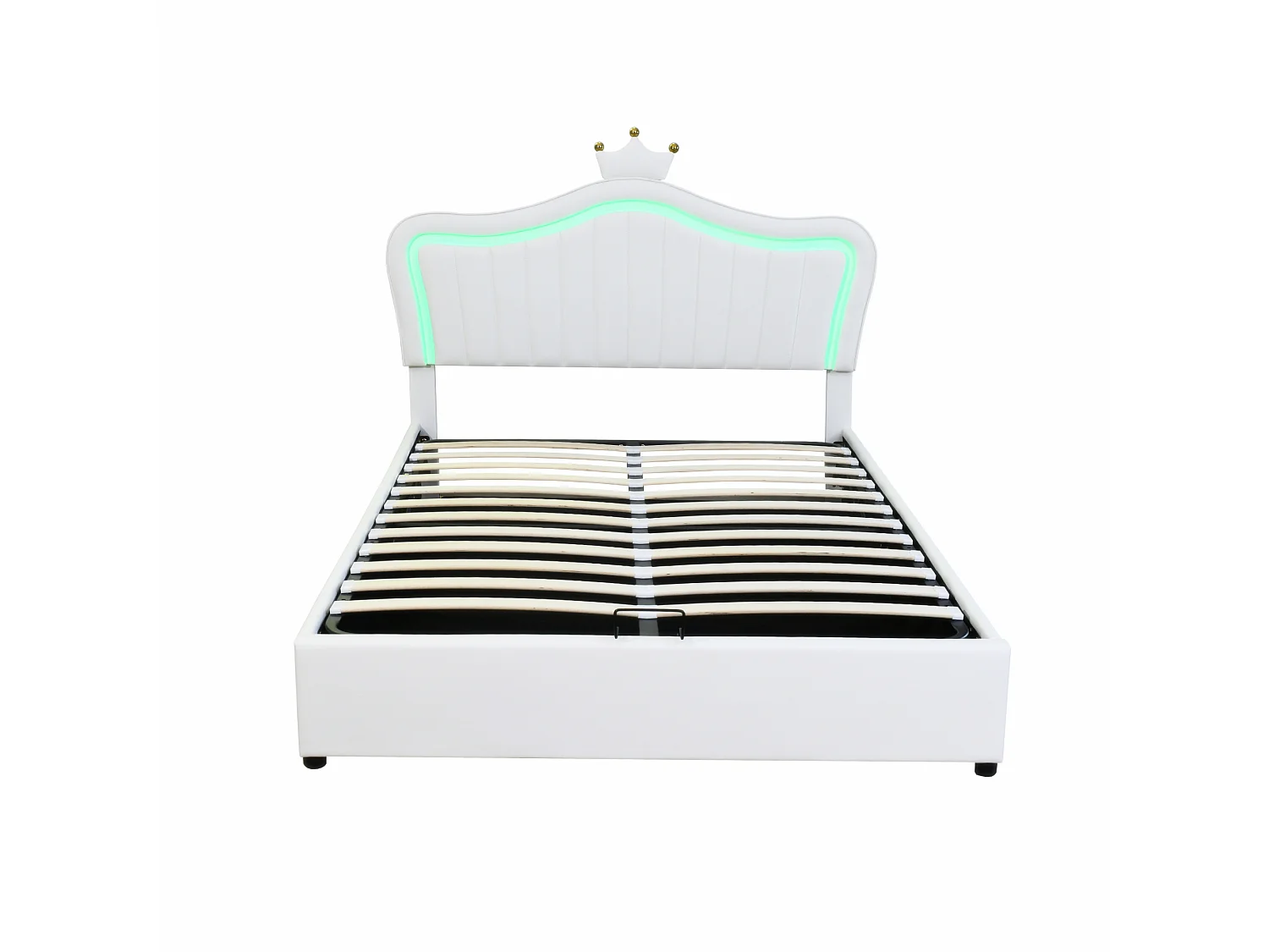 Lit Princesse Rembourré 140x200 cm avec Rangement Hydraulique, LED Multicolore Télécommande, Tête de Lit Coquille Couronne, Blanc