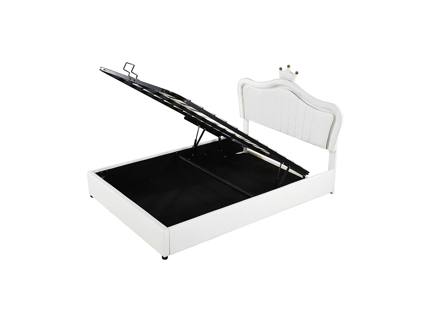 Lit Princesse Rembourré 140x200 cm avec Rangement Hydraulique, LED Multicolore Télécommande, Tête de Lit Coquille Couronne, Blanc
