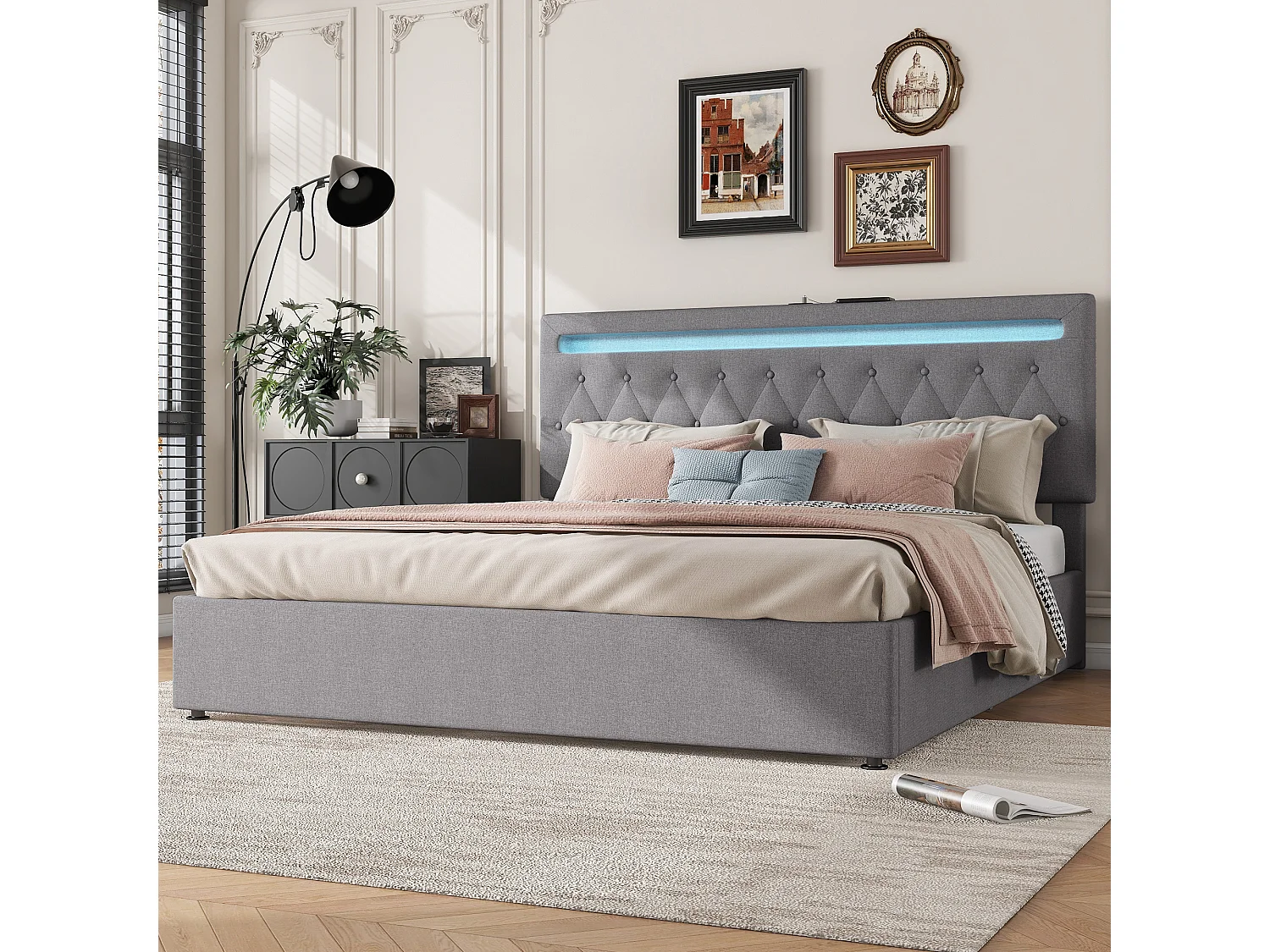 Lit plat 180x200 cm avec rangement hydraulique, lumière d'ambiance LED changeable intégrée, port USB, gris