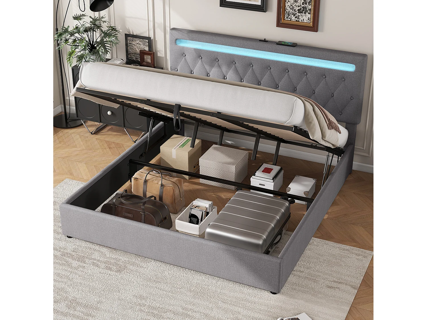 Lit plat 180x200 cm avec rangement hydraulique, lumière d'ambiance LED changeable intégrée, port USB, gris