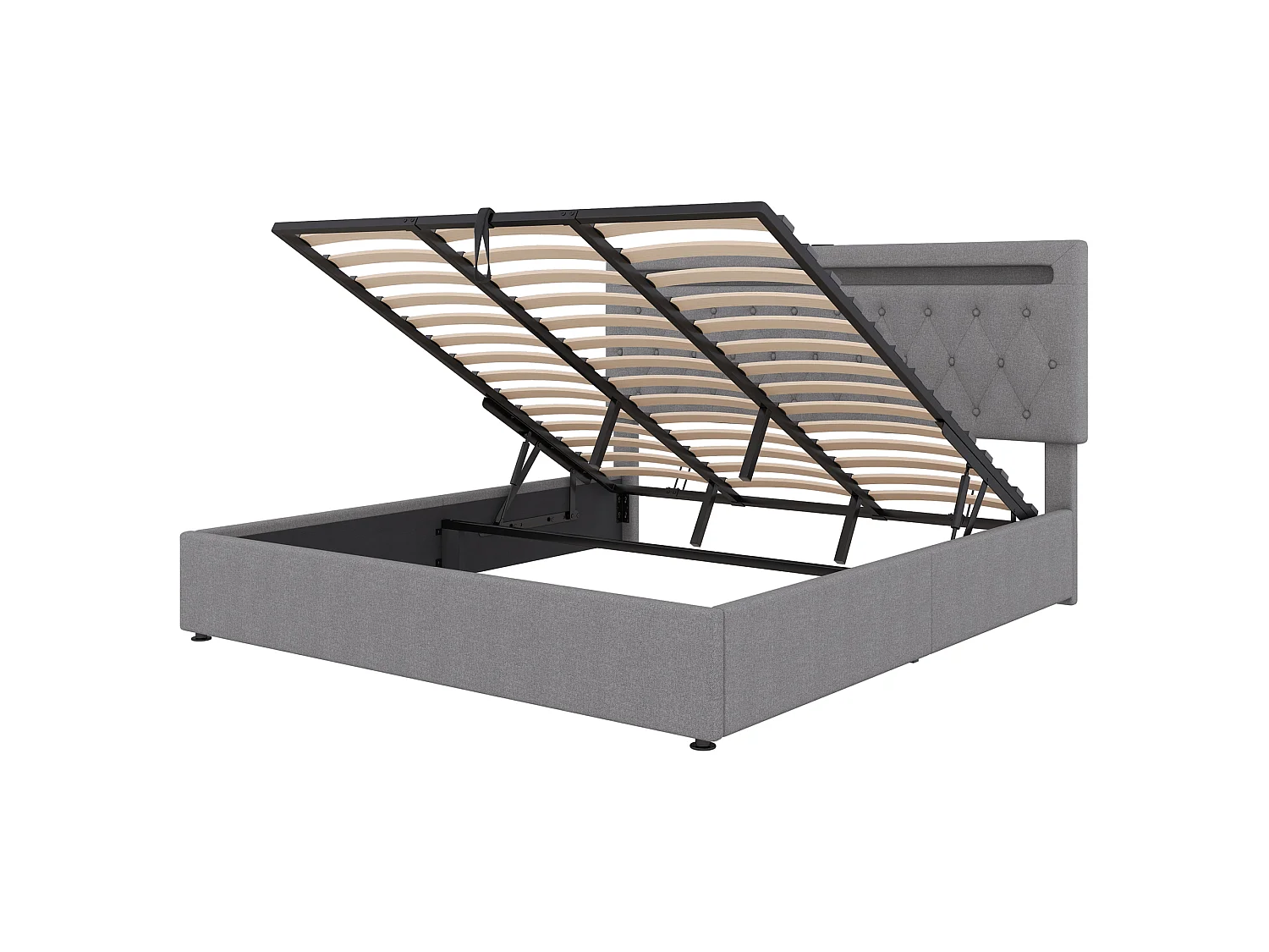 Lit plat 180x200 cm avec rangement hydraulique, lumière d'ambiance LED changeable intégrée, port USB, gris
