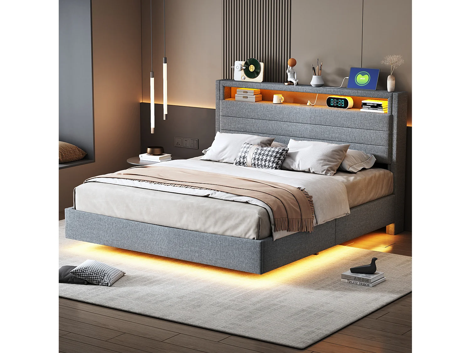 Lit rembourré 140x200 cm gris, coffre hydraulique, prise USB et LED, tête de lit pivotante, cadre flottant en lin