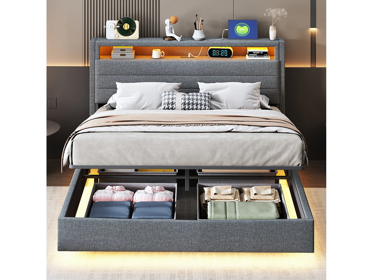 Lit rembourré 140x200 cm gris, coffre hydraulique, prise USB et LED, tête de lit pivotante, cadre flottant en lin