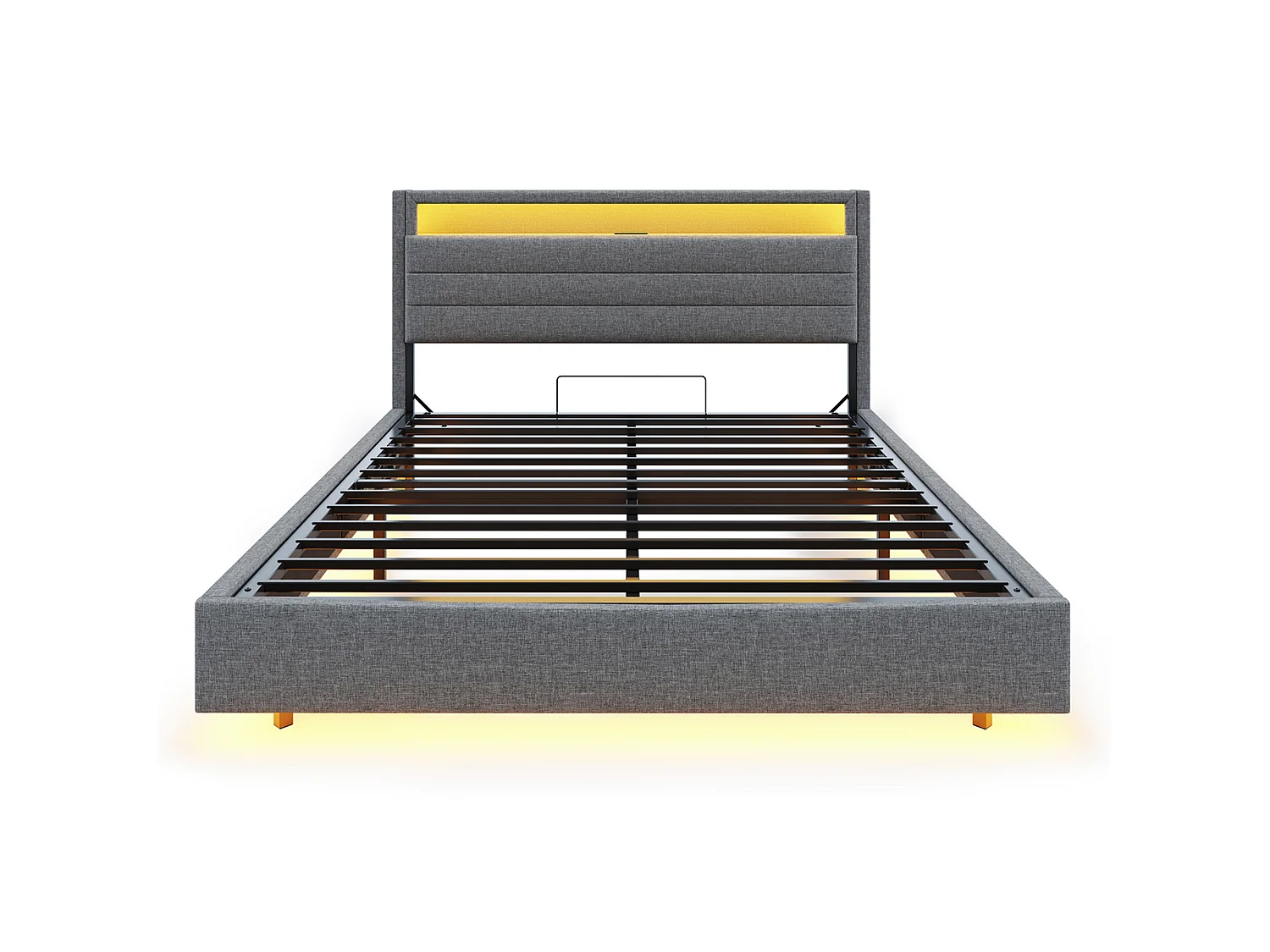 Lit rembourré 140x200 cm gris, coffre hydraulique, prise USB et LED, tête de lit pivotante, cadre flottant en lin