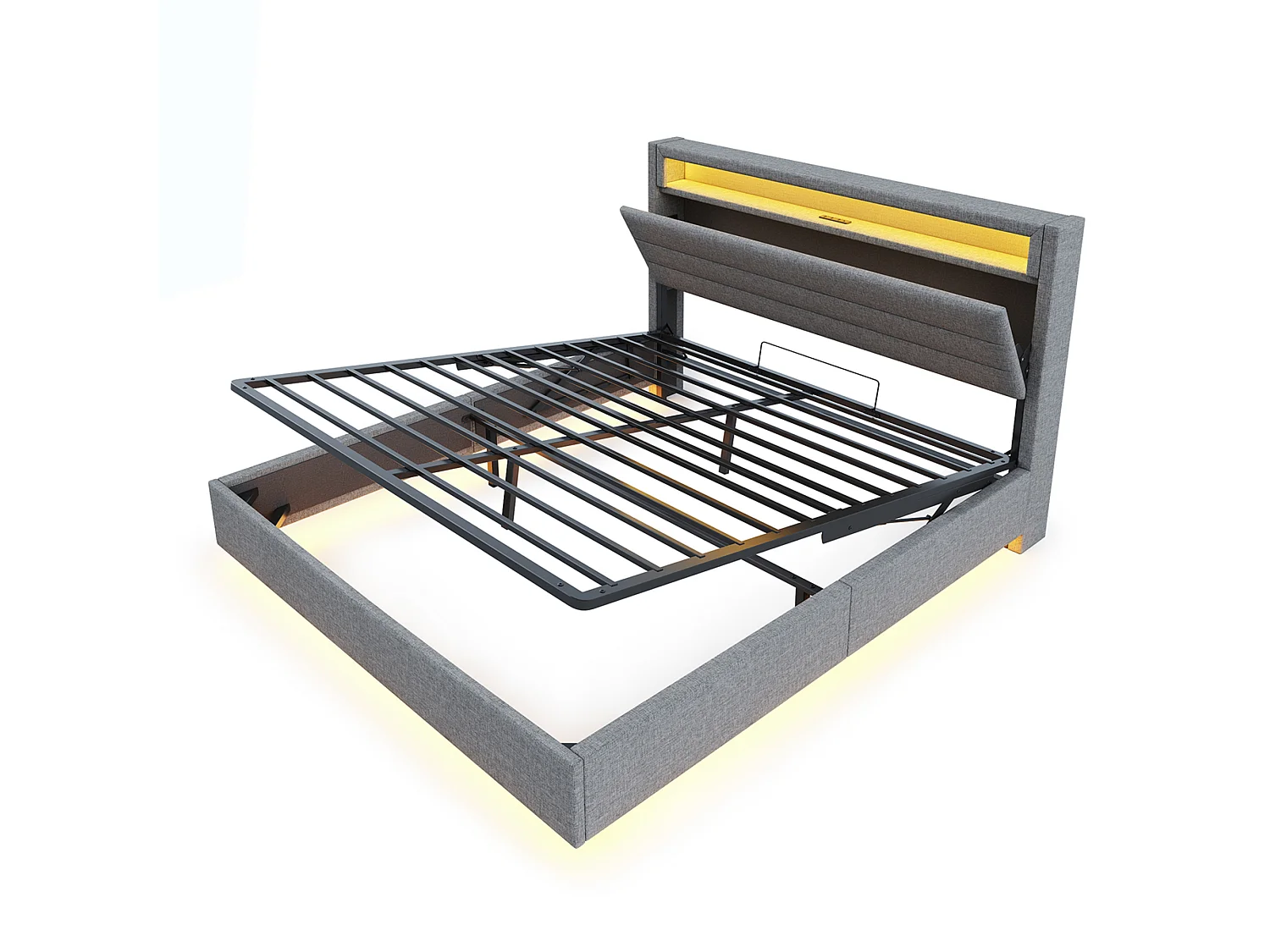Lit rembourré 140x200 cm gris, coffre hydraulique, prise USB et LED, tête de lit pivotante, cadre flottant en lin