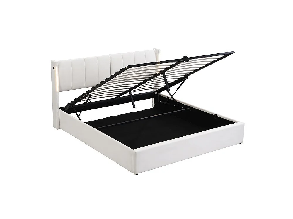 Lit 160x200 cm PU, tête ajustable, LED intégrée, USB rechargeable, espace de rangement, design moderne, confortable, blanc