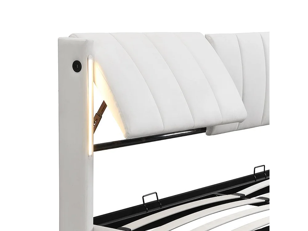 Lit 160x200 cm PU, tête ajustable, LED intégrée, USB rechargeable, espace de rangement, design moderne, confortable, blanc