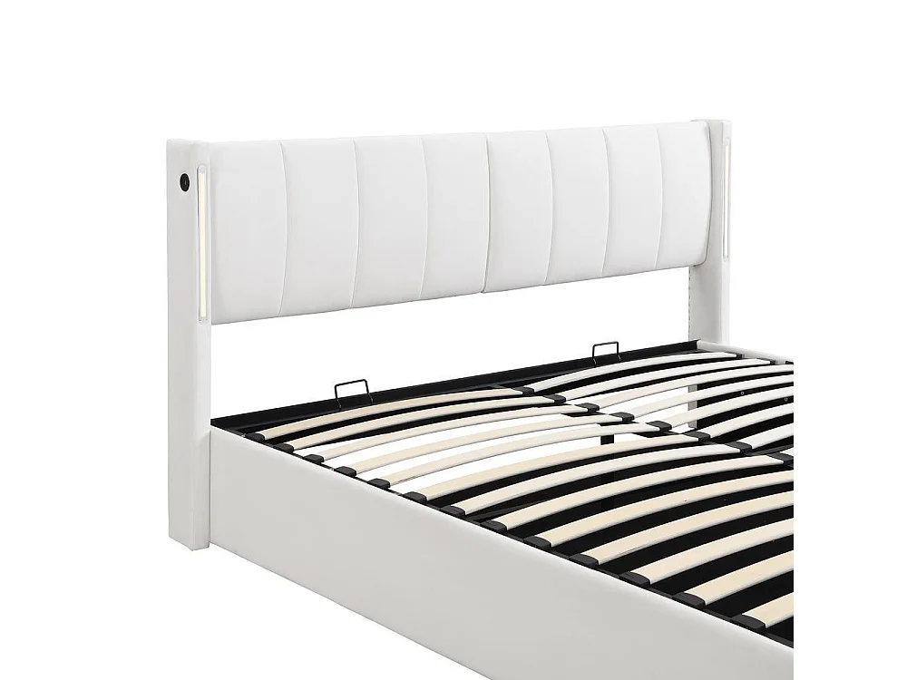 Lit 160x200 cm PU, tête ajustable, LED intégrée, USB rechargeable, espace de rangement, design moderne, confortable, blanc