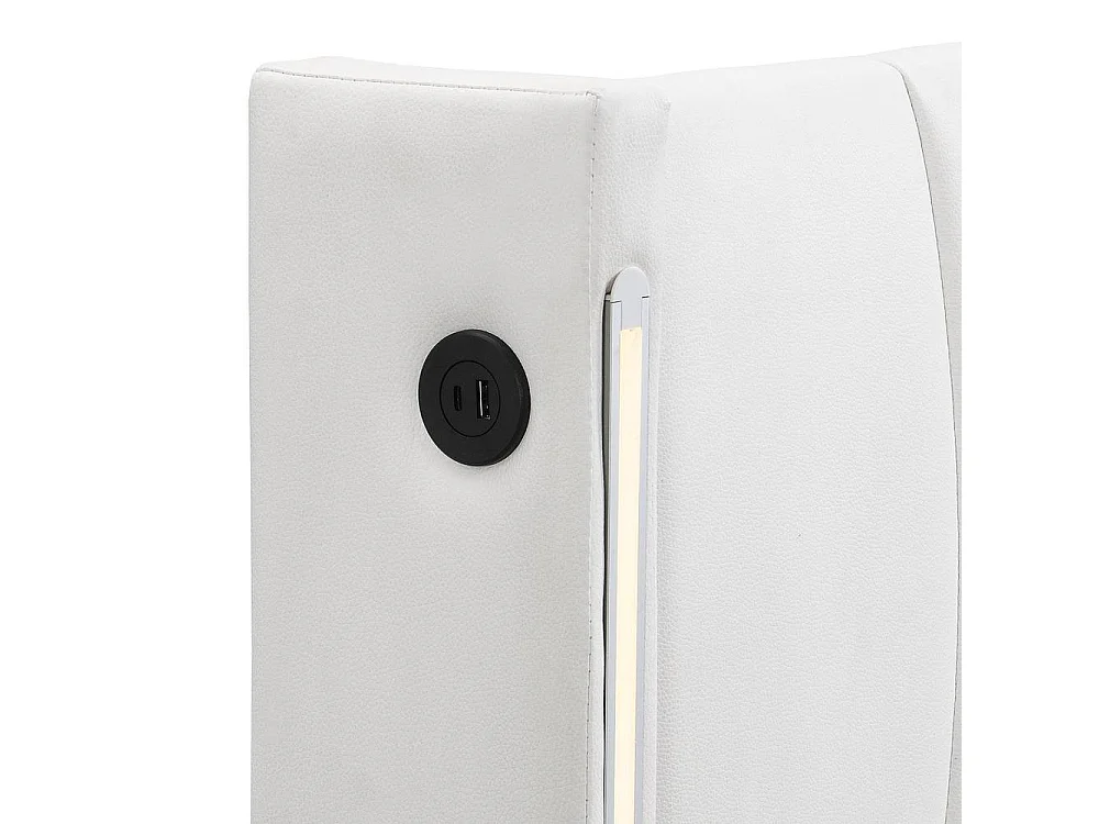 Lit 160x200 cm PU, tête ajustable, LED intégrée, USB rechargeable, espace de rangement, design moderne, confortable, blanc