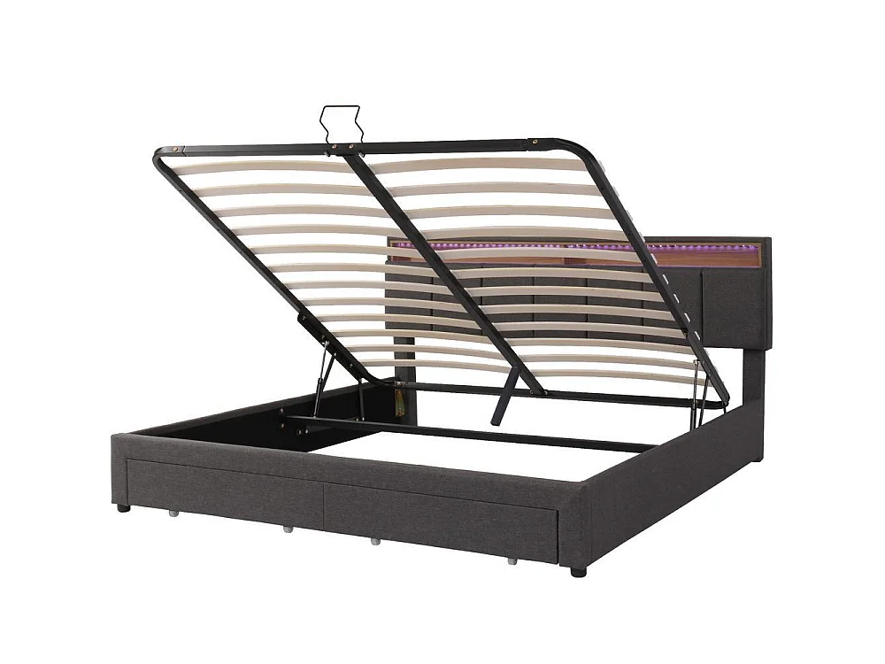 Lit tapissé 160x200 cm, LED, hydraulique, tiroirs, rangements, tête rabattable, sommier lattes, lin, gris
