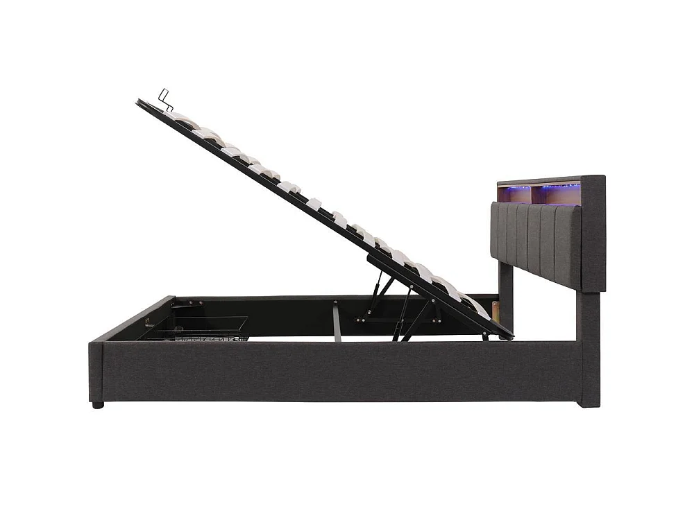 Lit tapissé 160x200 cm, LED, hydraulique, tiroirs, rangements, tête rabattable, sommier lattes, lin, gris