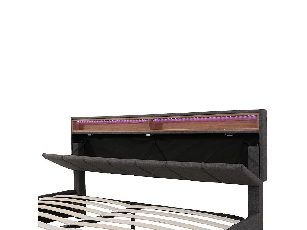 Lit tapissé 160x200 cm, LED, hydraulique, tiroirs, rangements, tête rabattable, sommier lattes, lin, gris