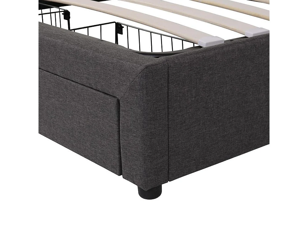 Lit tapissé 160x200 cm, LED, hydraulique, tiroirs, rangements, tête rabattable, sommier lattes, lin, gris
