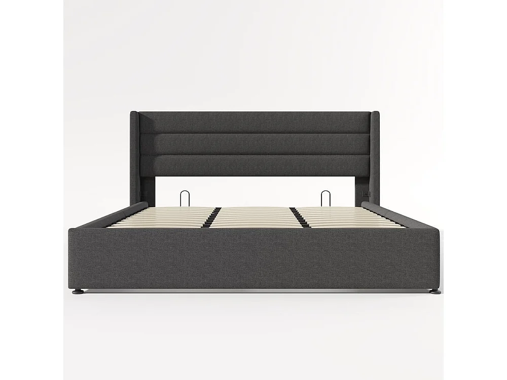 Lit double 180x200 cm, Polsterbett hydraulique, rangement spacieux sous lit, lin de qualité, design moderne et confortable, gris