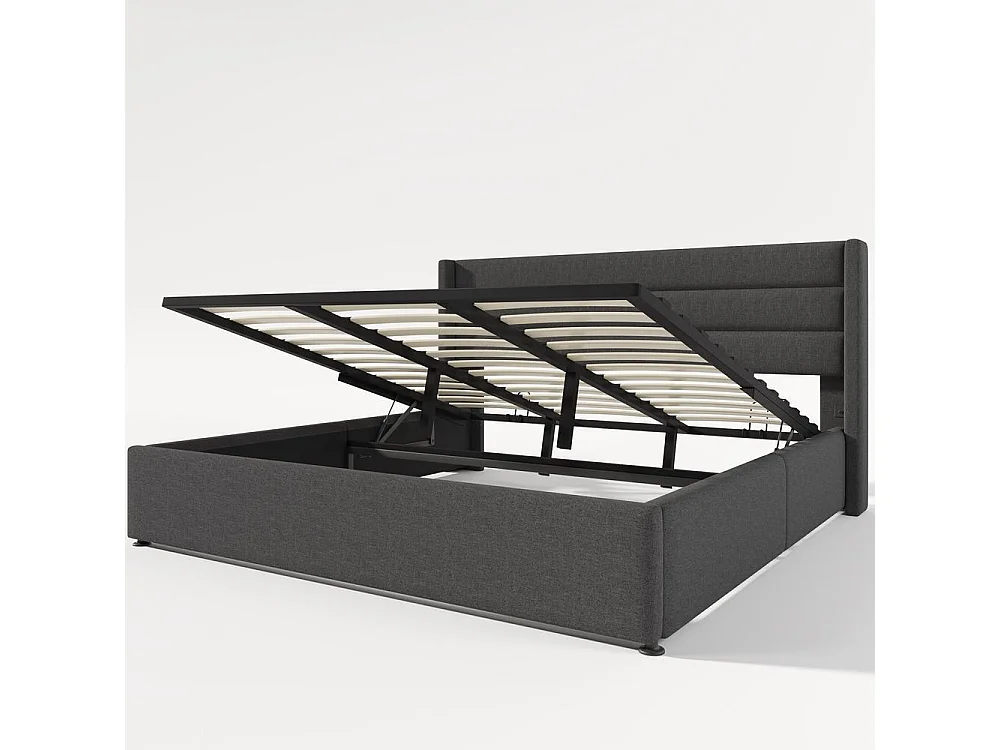 Lit double 180x200 cm, Polsterbett hydraulique, rangement spacieux sous lit, lin de qualité, design moderne et confortable, gris