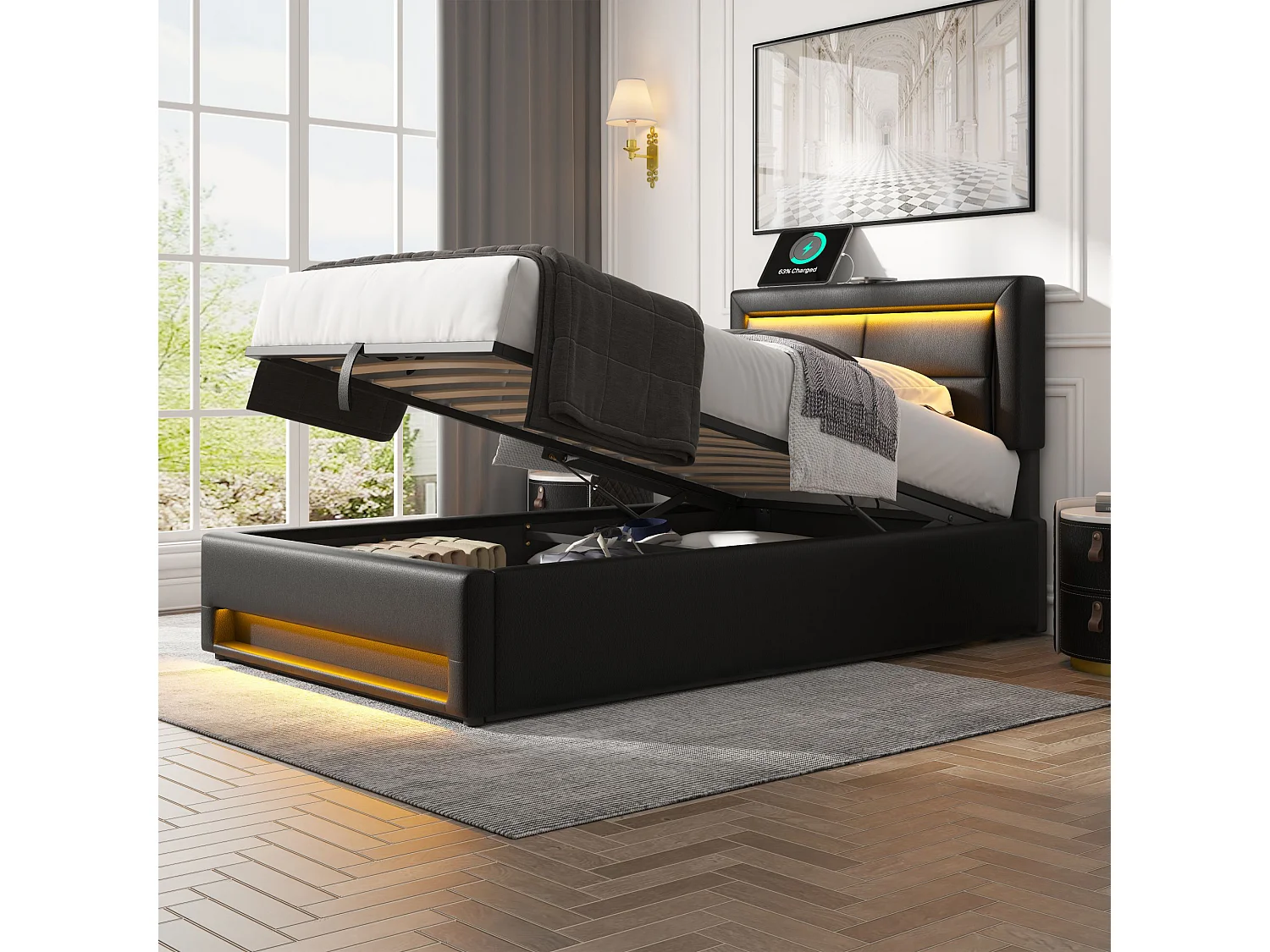Lit 90x200 cm, Charge Sans Fil et Fil USB, LED 12 Couleurs Télécommandée, Rangement Sous le Lit, PU Noir, Sans Matelas
