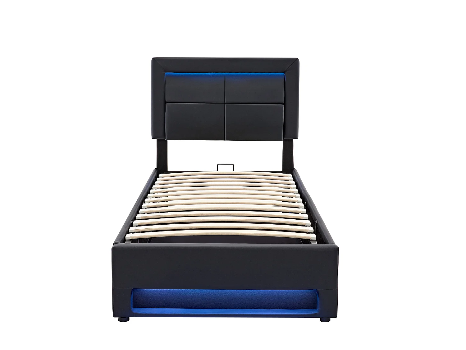 Lit 90x200 cm, Charge Sans Fil et Fil USB, LED 12 Couleurs Télécommandée, Rangement Sous le Lit, PU Noir, Sans Matelas