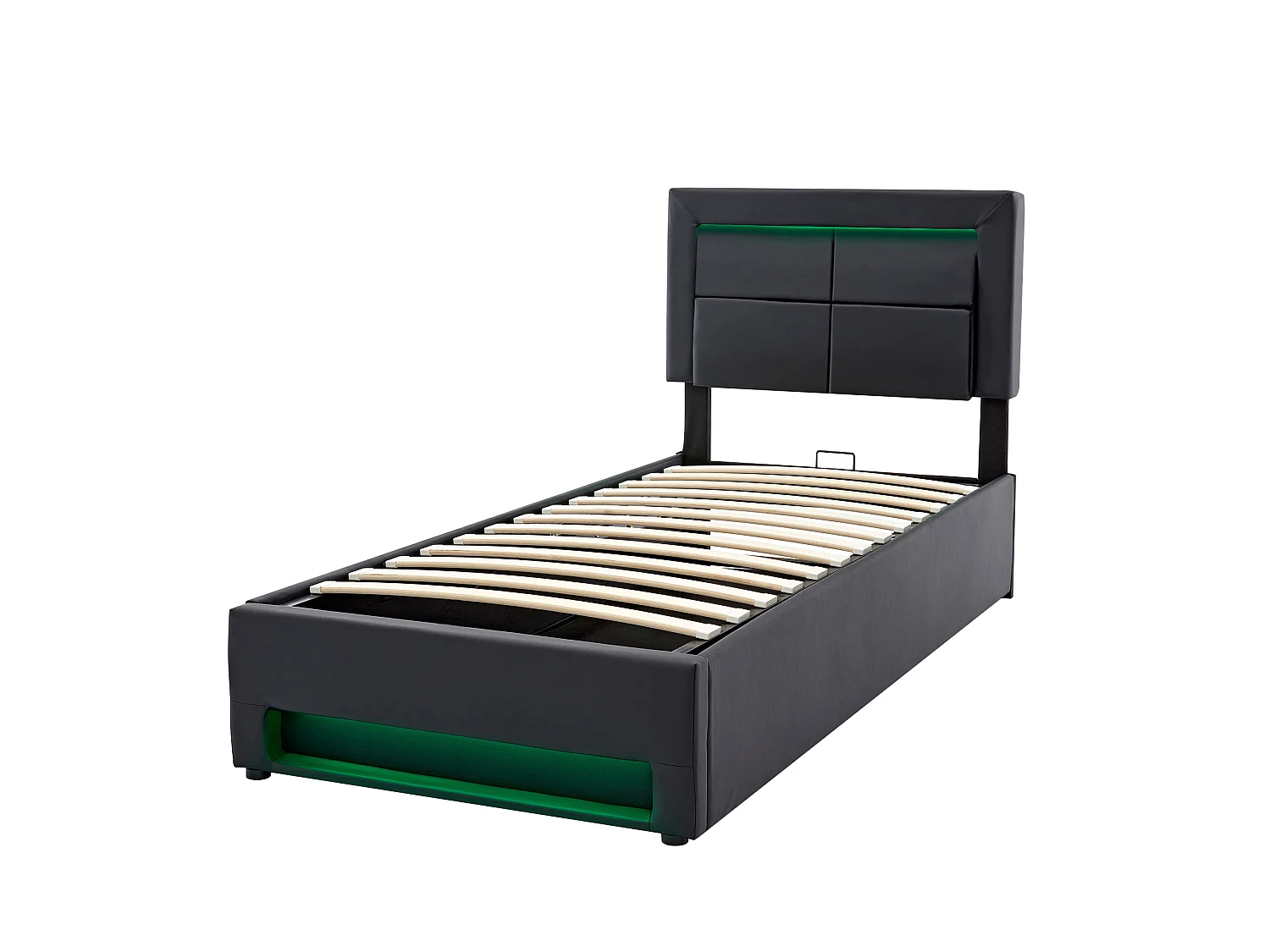 Lit 90x200 cm, Charge Sans Fil et Fil USB, LED 12 Couleurs Télécommandée, Rangement Sous le Lit, PU Noir, Sans Matelas