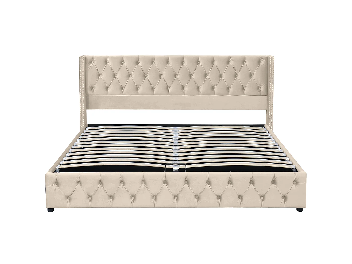 Lit double rembourré 160x200 cm en velours, avec rangement hydraulique, tête et pied de lit capitonnés à clous, beige