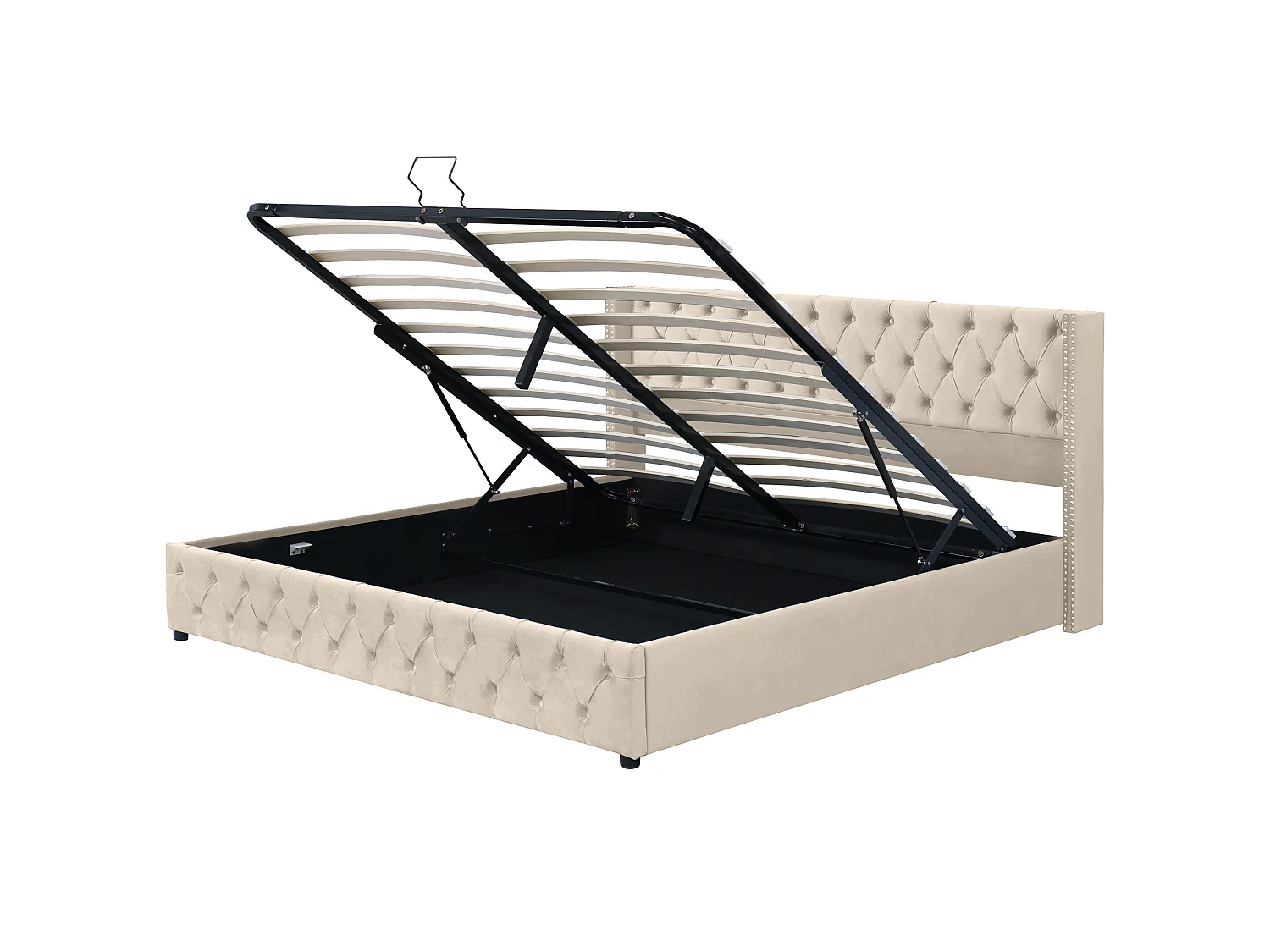 Lit double rembourré 160x200 cm en velours, avec rangement hydraulique, tête et pied de lit capitonnés à clous, beige
