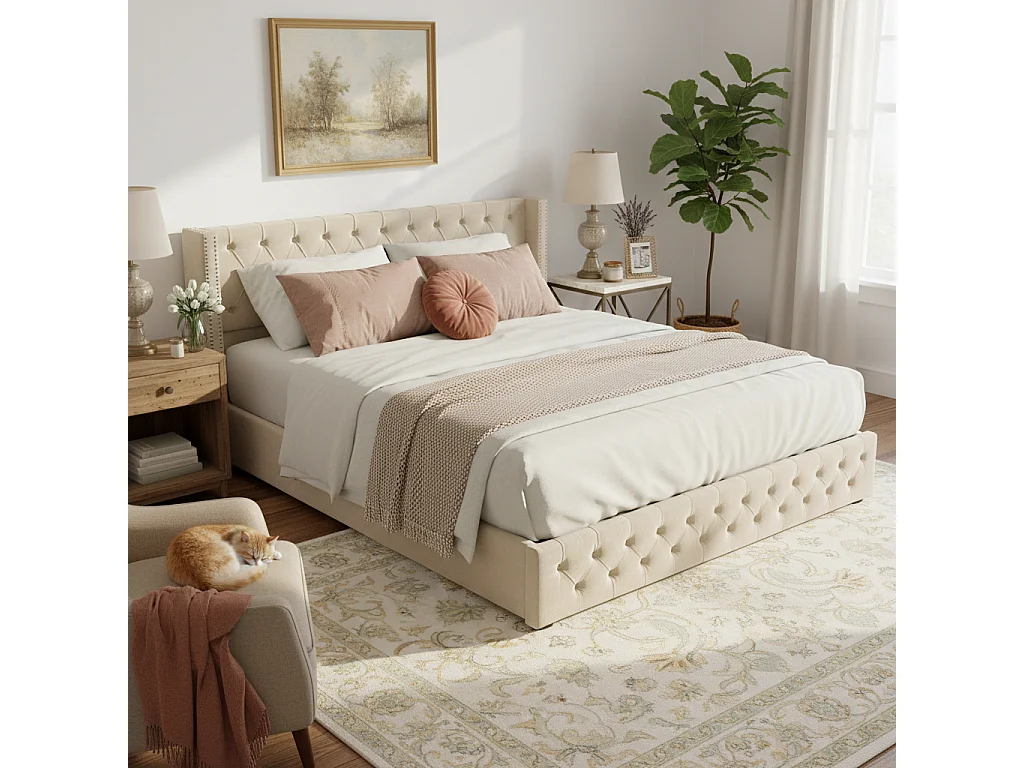 Lit double rembourré 160x200 cm en velours, avec rangement hydraulique, tête et pied de lit capitonnés à clous, beige