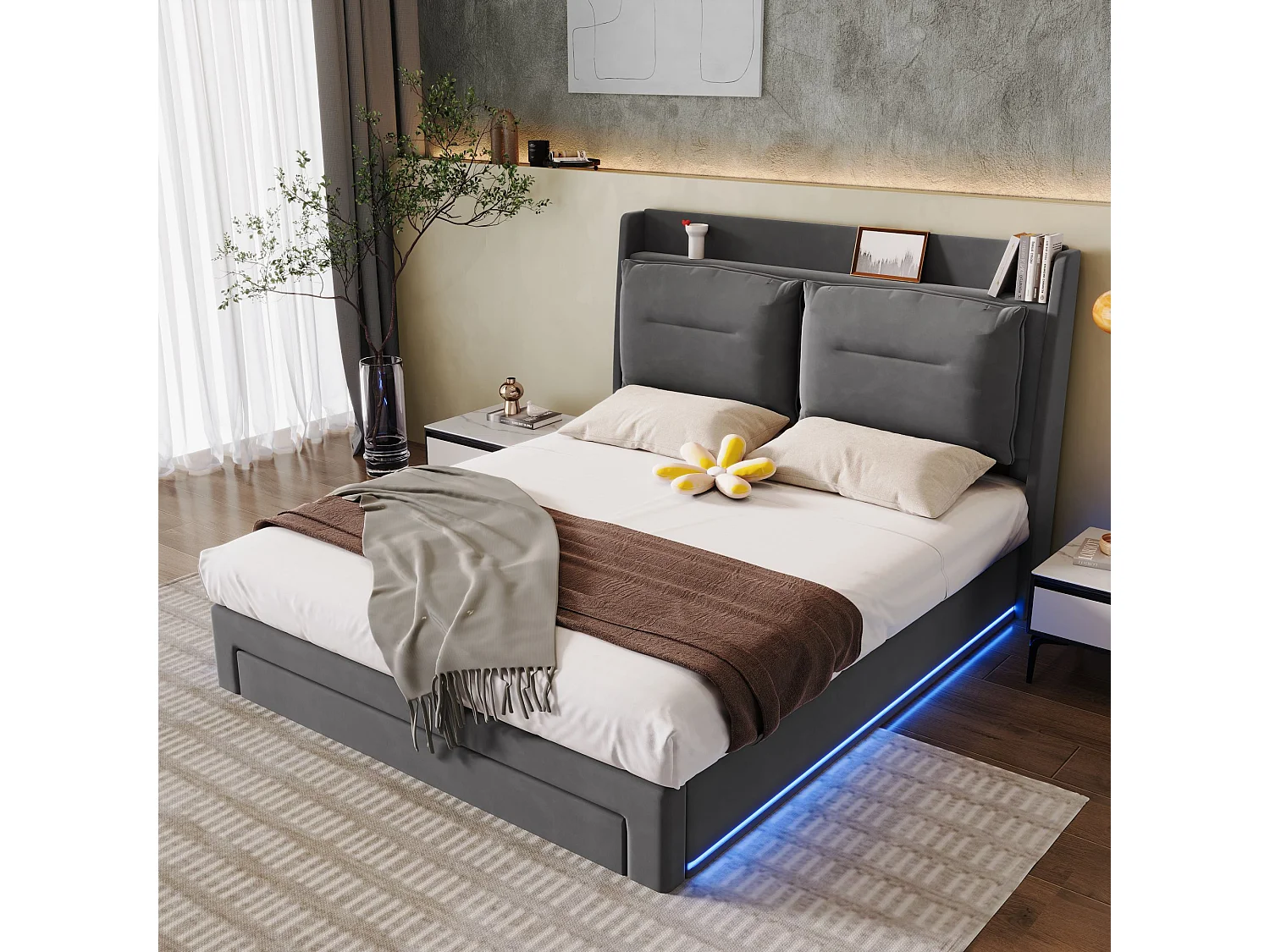 Lit tapissier 140x190 cm avec LED intégrées des deux côtés, rangement hydraulique, 2 tiroirs au pied, velours gris