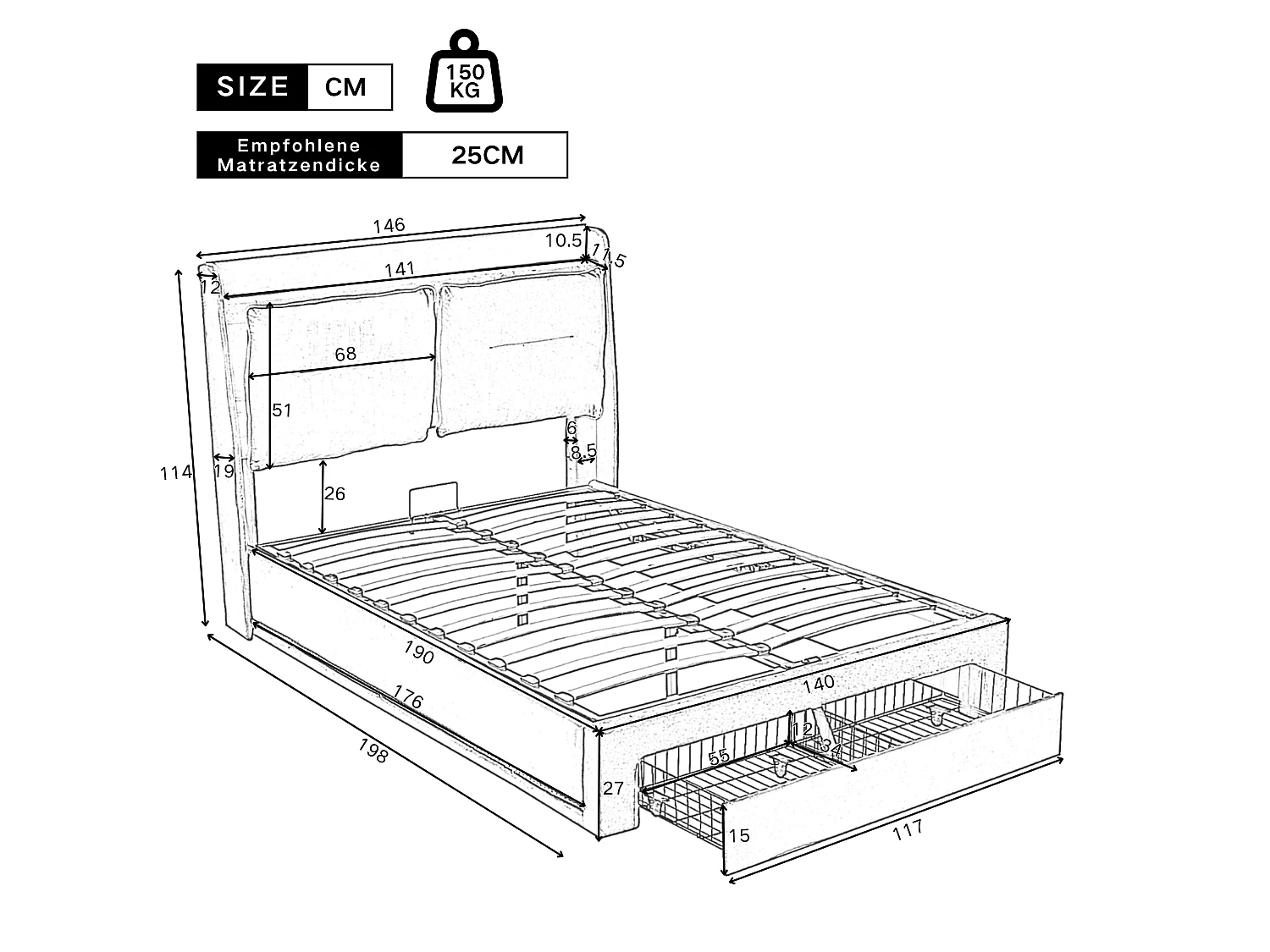 Lit tapissier 140x190 cm avec LED intégrées des deux côtés, rangement hydraulique, 2 tiroirs au pied, velours gris