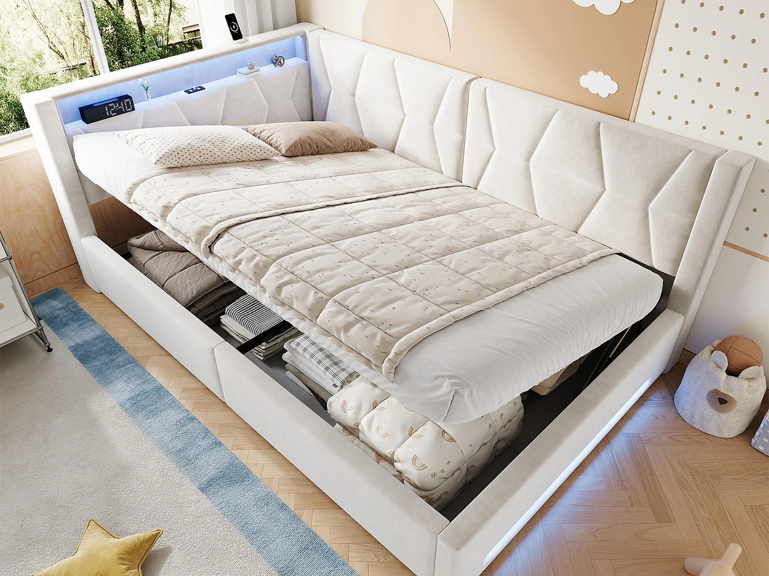 Lit Coffre Banquette Gain de Place avec Niche, USB/Type-C, LED & Coffre Hydraulique – La Solution Idéale pour Petite Chambre (Beige/Gris, 90x200/140x200)