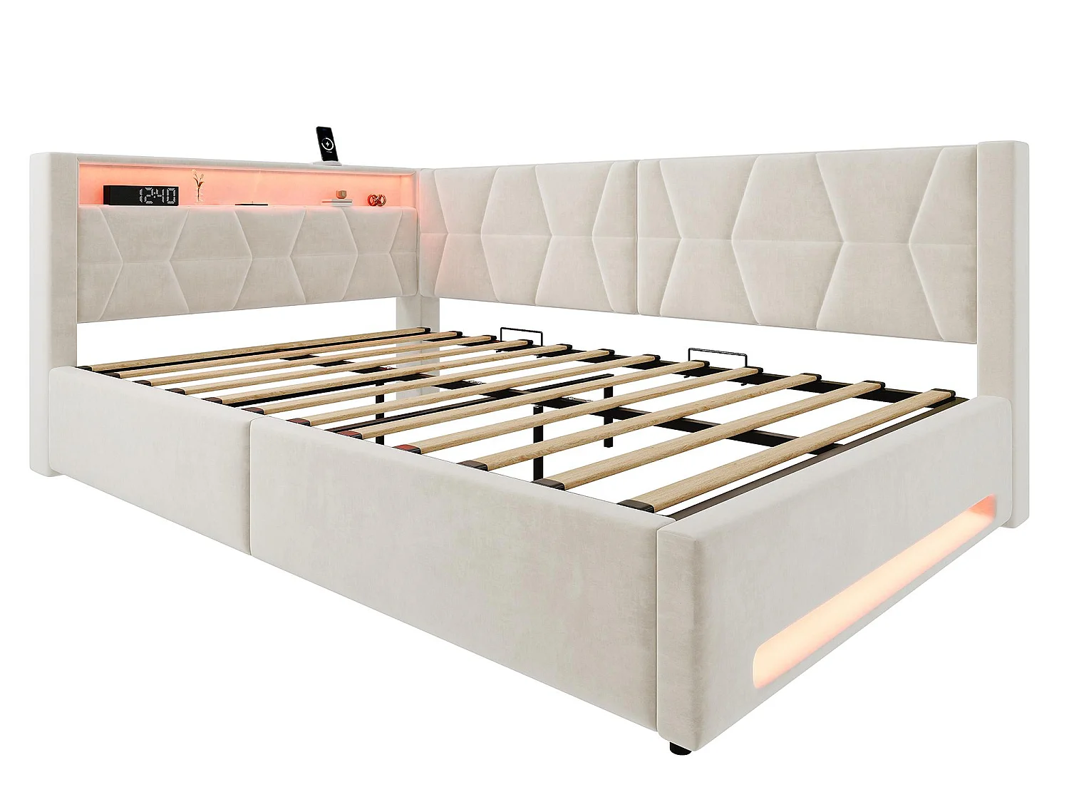Lit Coffre Banquette Gain de Place avec Niche, USB/Type-C, LED & Coffre Hydraulique – La Solution Idéale pour Petite Chambre (Beige/Gris, 90x200/140x200)