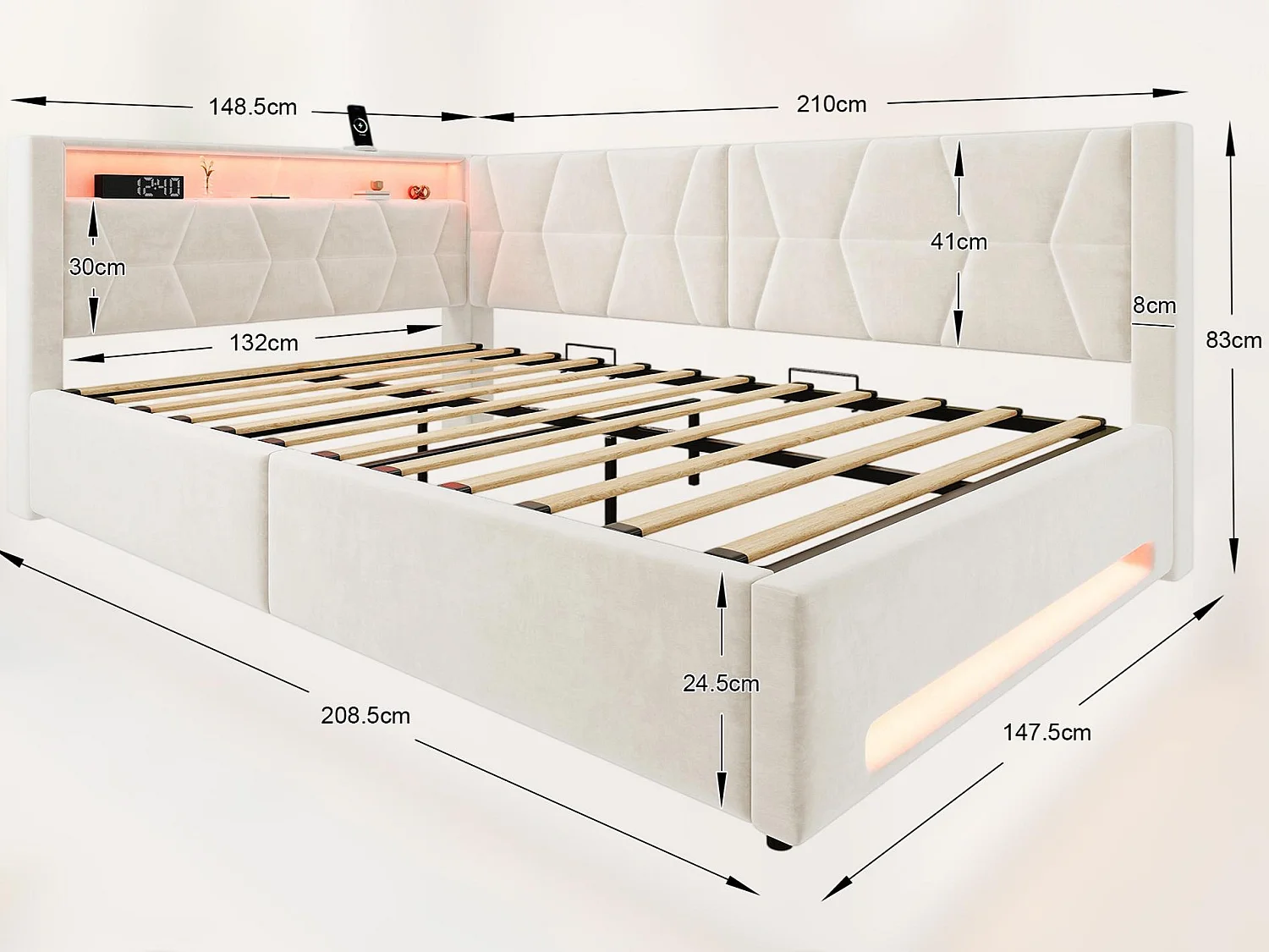 Lit Coffre Banquette Gain de Place avec Niche, USB/Type-C, LED & Coffre Hydraulique – La Solution Idéale pour Petite Chambre (Beige/Gris, 90x200/140x200)
