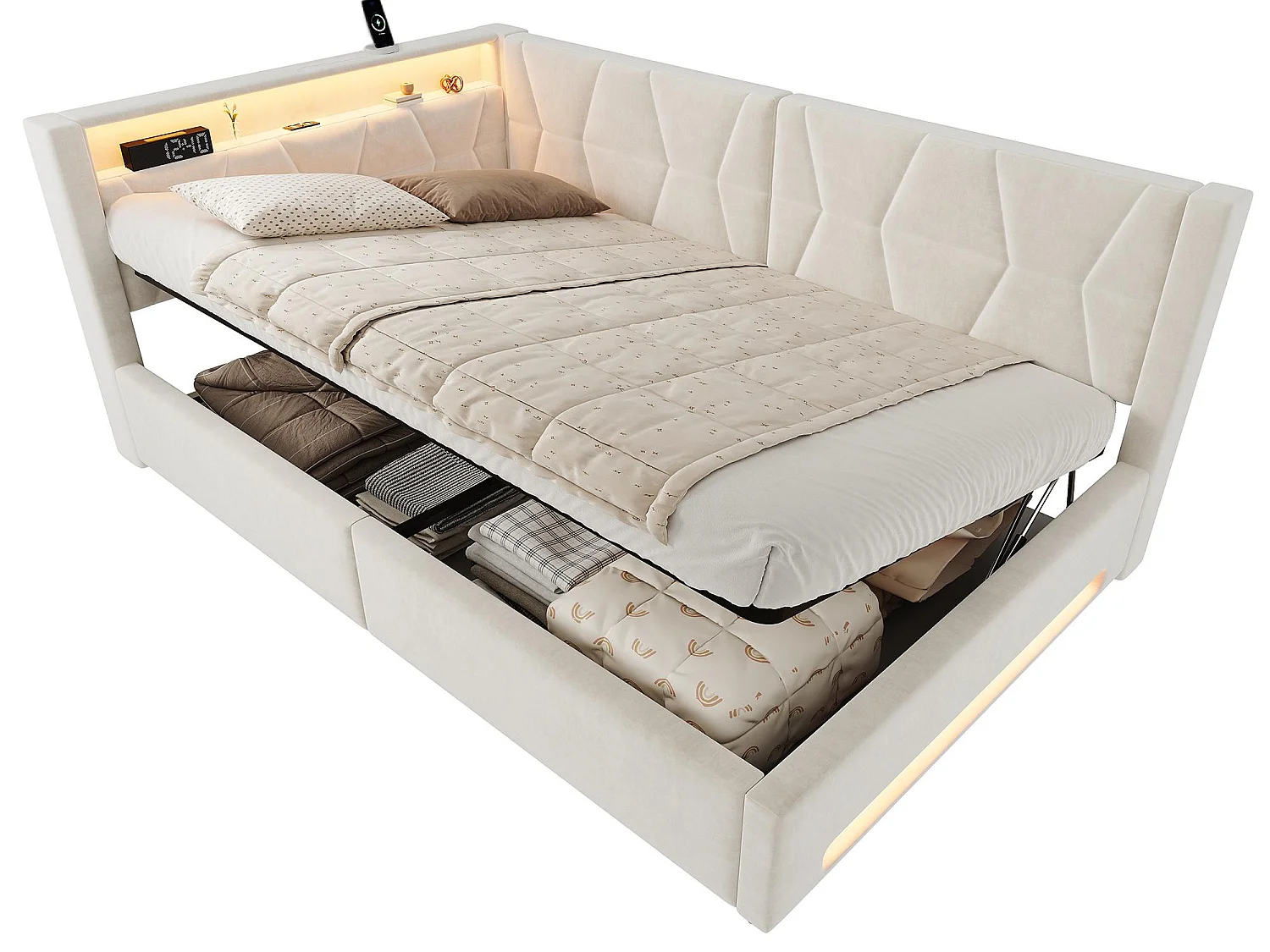 Lit Coffre Banquette Gain de Place avec Niche, USB/Type-C, LED & Coffre Hydraulique – La Solution Idéale pour Petite Chambre (Beige/Gris, 90x200/140x200)