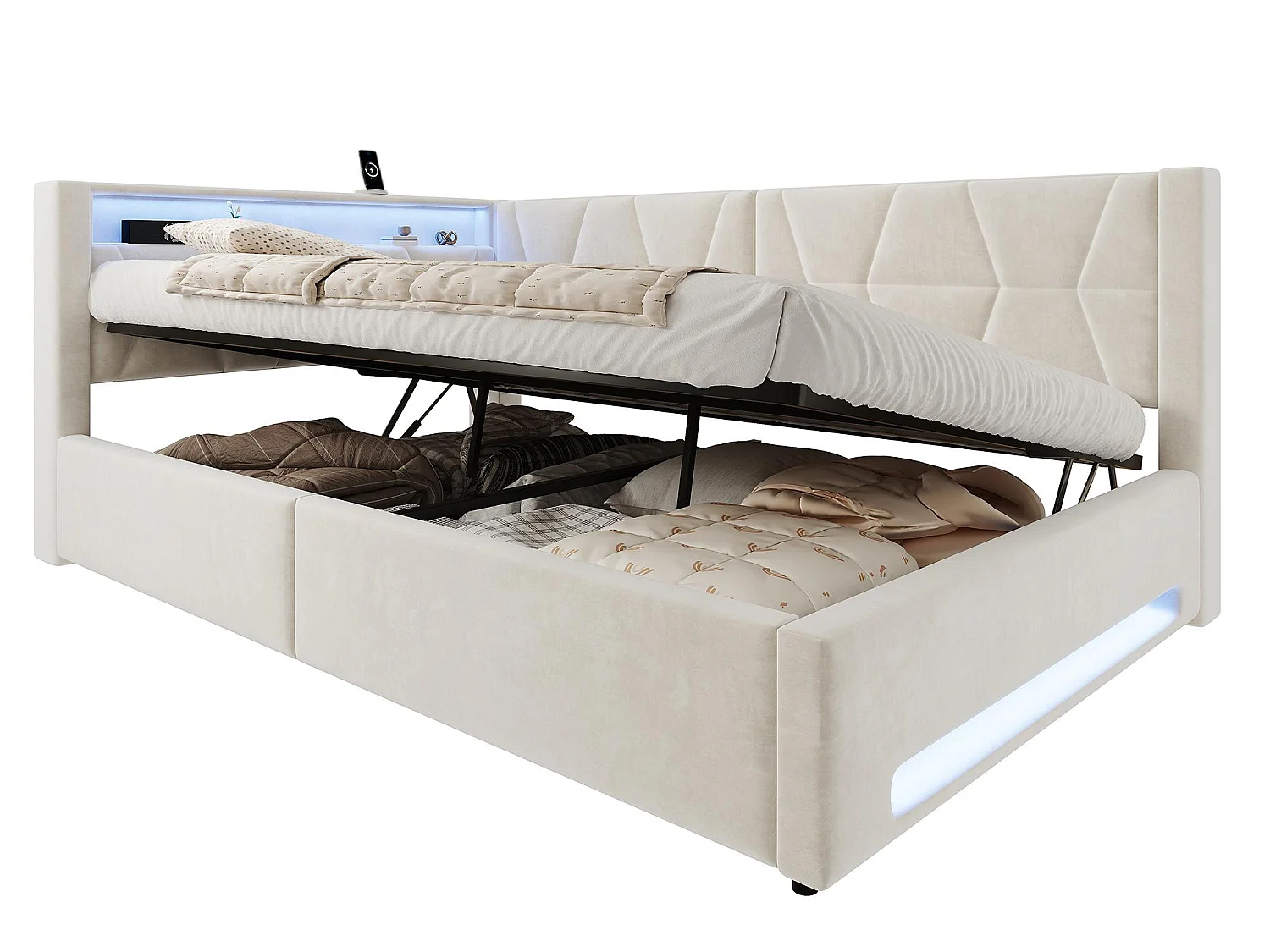 Lit Coffre Banquette Gain de Place avec Niche, USB/Type-C, LED & Coffre Hydraulique – La Solution Idéale pour Petite Chambre (Beige/Gris, 90x200/140x200)