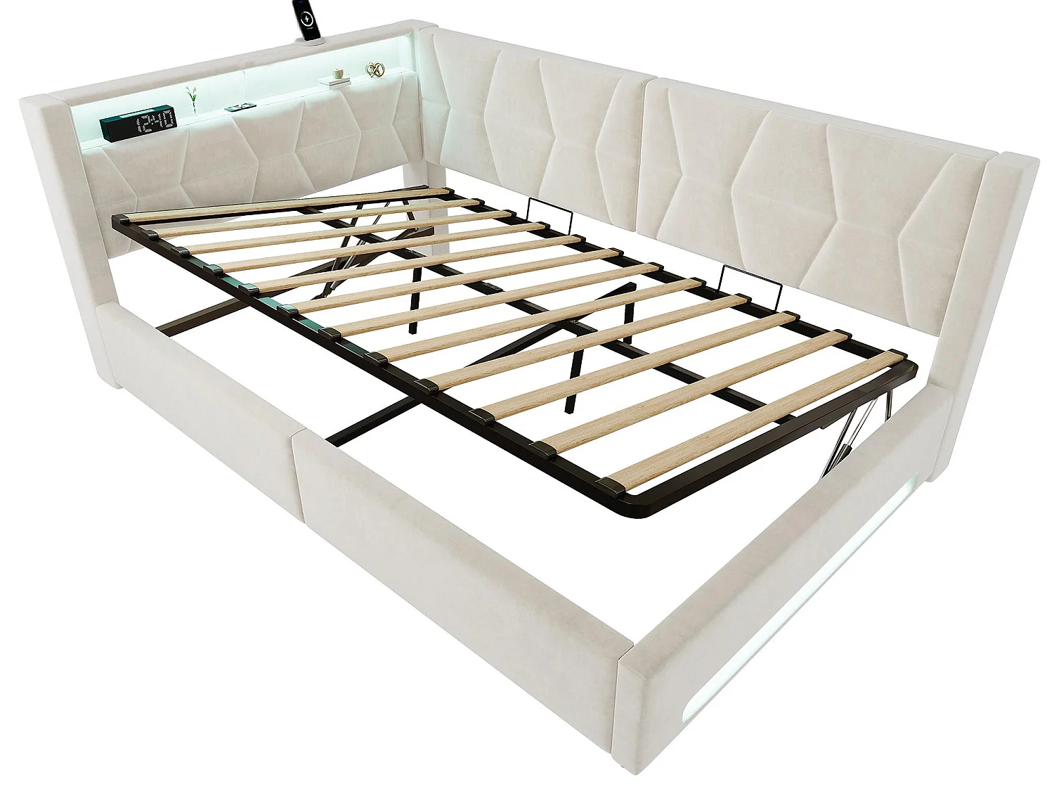 Lit Coffre Banquette Gain de Place avec Niche, USB/Type-C, LED & Coffre Hydraulique – La Solution Idéale pour Petite Chambre (Beige/Gris, 90x200/140x200)