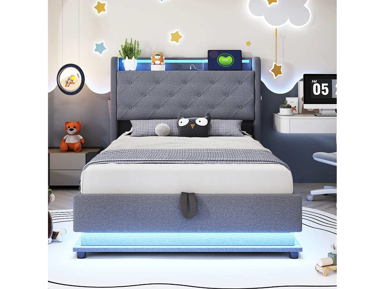 Lit enfant rembourré 90x200 cm, avec USB C et LED, tête de lit relevable, coffre hydraulique, poches latérales, gris