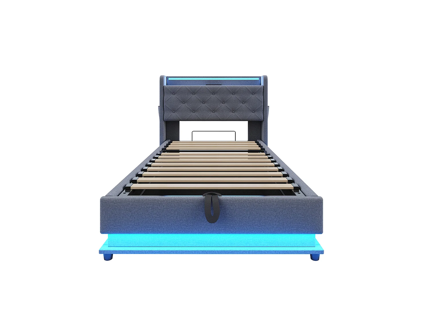 Lit enfant rembourré 90x200 cm, avec USB C et LED, tête de lit relevable, coffre hydraulique, poches latérales, gris