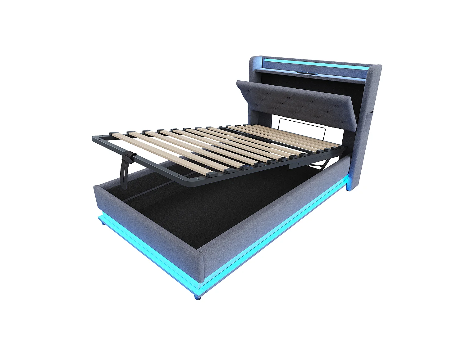 Lit enfant rembourré 90x200 cm, avec USB C et LED, tête de lit relevable, coffre hydraulique, poches latérales, gris