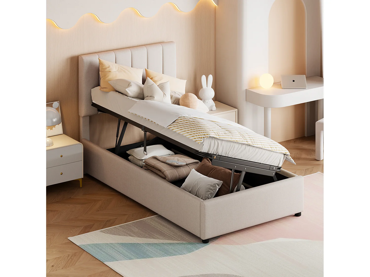 Lit enfant rembourré 90x200 cm, coffre hydraulique, tête de lit réglable, revêtement en lin, sommier à lattes, beige