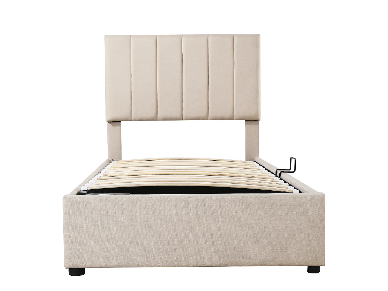 Lit enfant rembourré 90x200 cm, coffre hydraulique, tête de lit réglable, revêtement en lin, sommier à lattes, beige