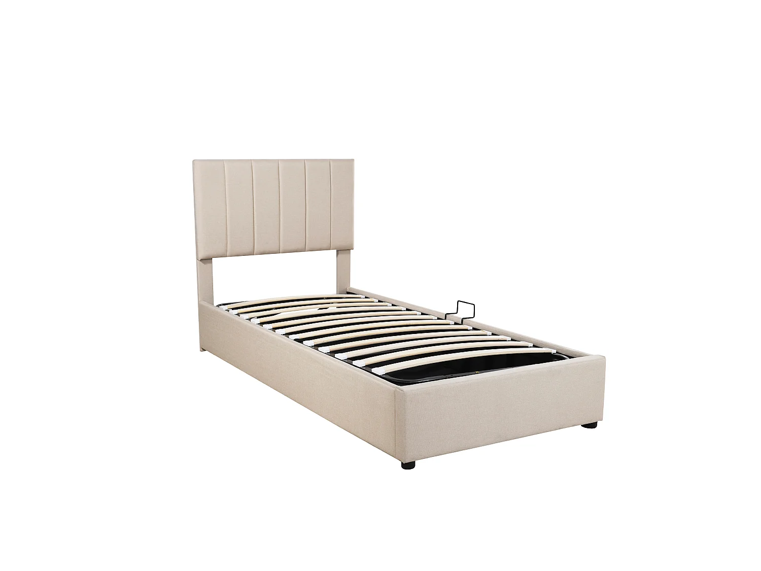 Lit enfant rembourré 90x200 cm, coffre hydraulique, tête de lit réglable, revêtement en lin, sommier à lattes, beige