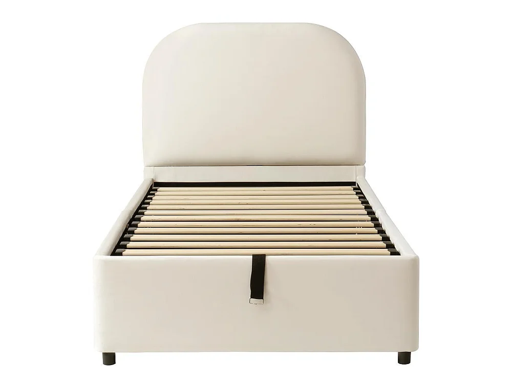 Lit simple 90x200 cm en velours avec rangement hydraulique, tête rembourrée, coffre sous-lit, sûr et confortable, beige