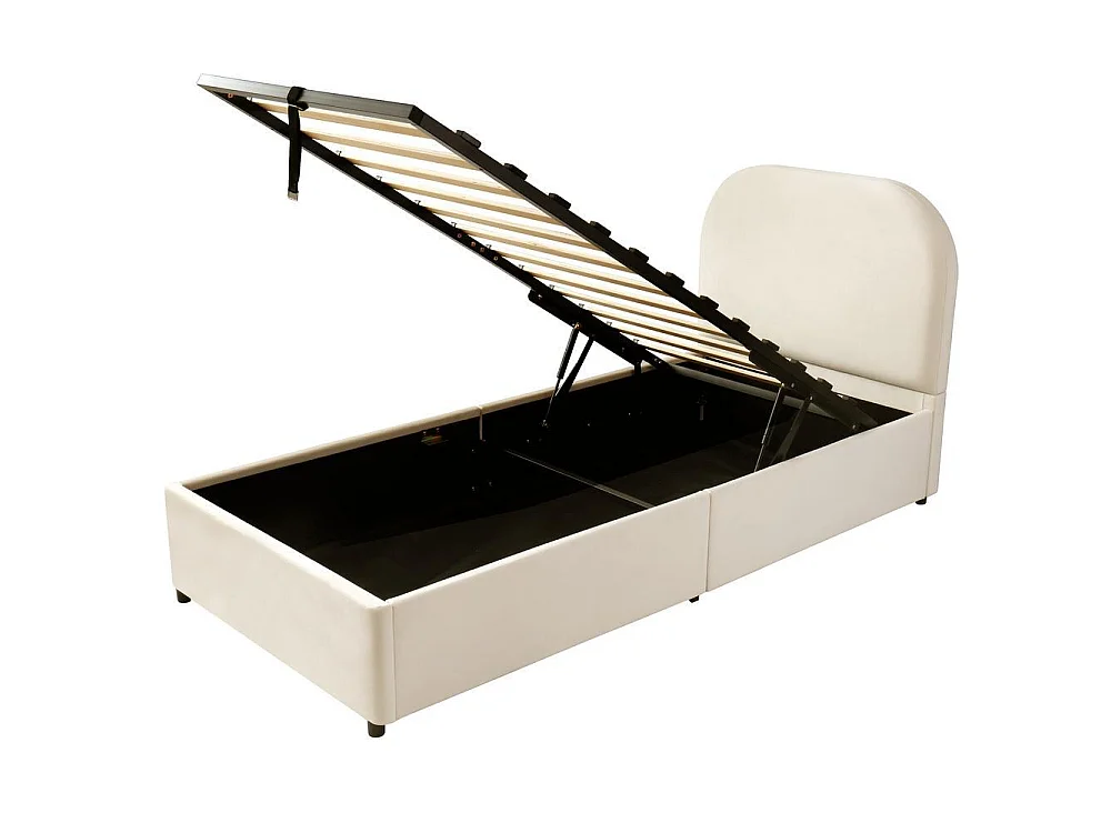 Lit simple 90x200 cm en velours avec rangement hydraulique, tête rembourrée, coffre sous-lit, sûr et confortable, beige