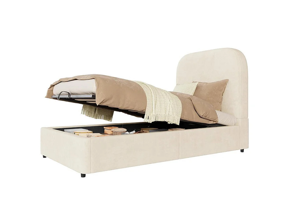 Lit simple 90x200 cm en velours avec rangement hydraulique, tête rembourrée, coffre sous-lit, sûr et confortable, beige