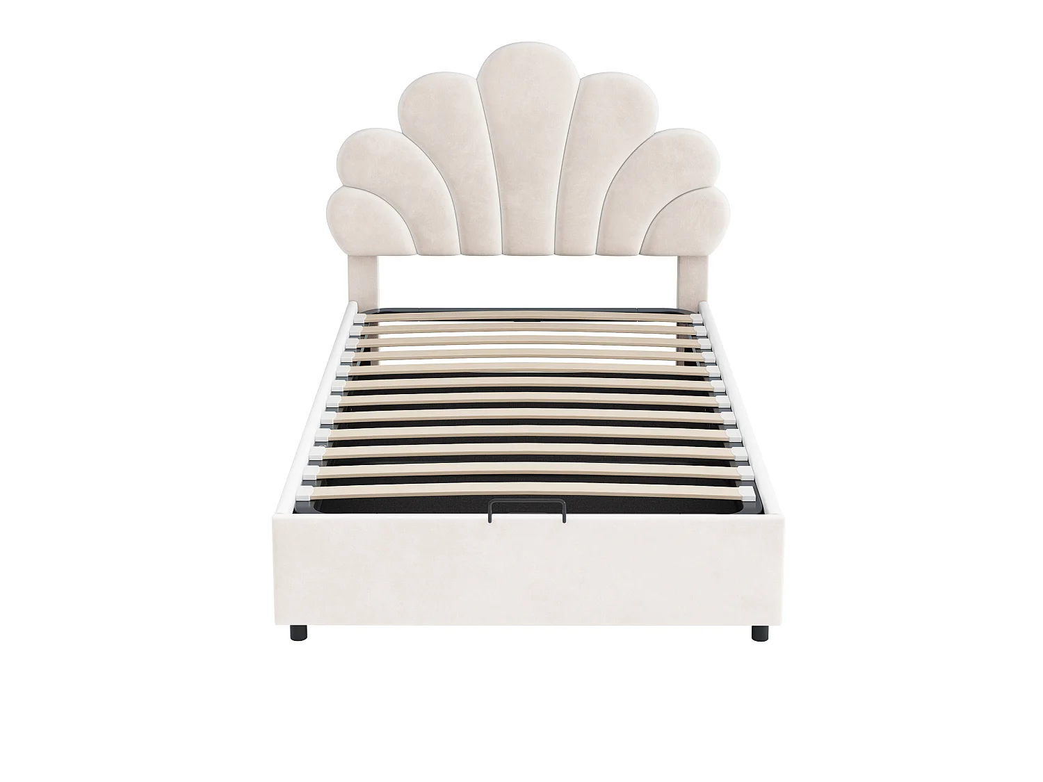Lit Enfant 90x200 cm, Tête de Lit Imprimé Fleuri, Tête Réglable, Rangement Hydraulique, Velours Beige, Sommier à Lattes Inclus