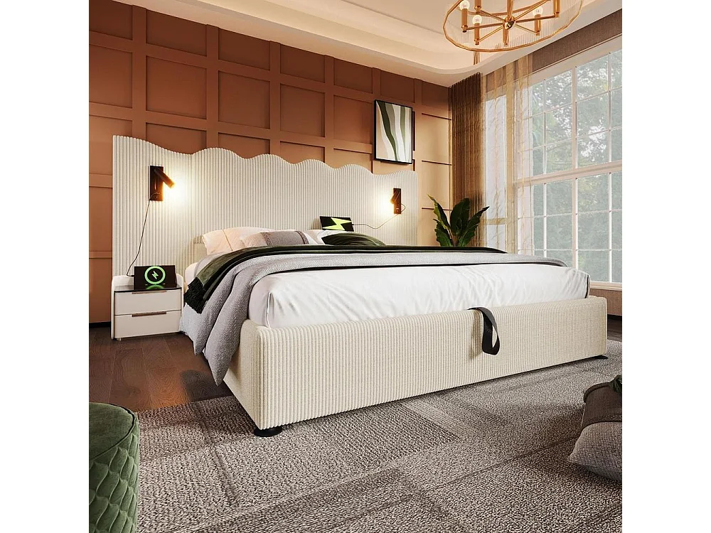 Lit double 180x200 cm, Polsterbett en cordon, hydraulique, LED lampe lecture, USB Type-C, rangement spacieux, beige