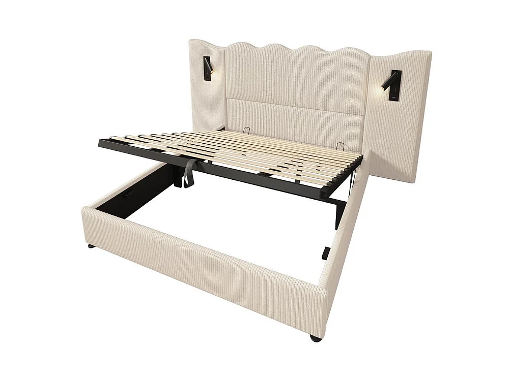 Lit double 180x200 cm, Polsterbett en cordon, hydraulique, LED lampe lecture, USB Type-C, rangement spacieux, beige