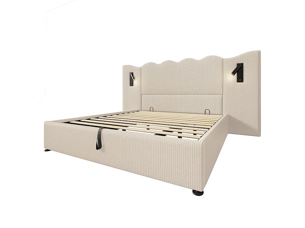 Lit double 180x200 cm, Polsterbett en cordon, hydraulique, LED lampe lecture, USB Type-C, rangement spacieux, beige