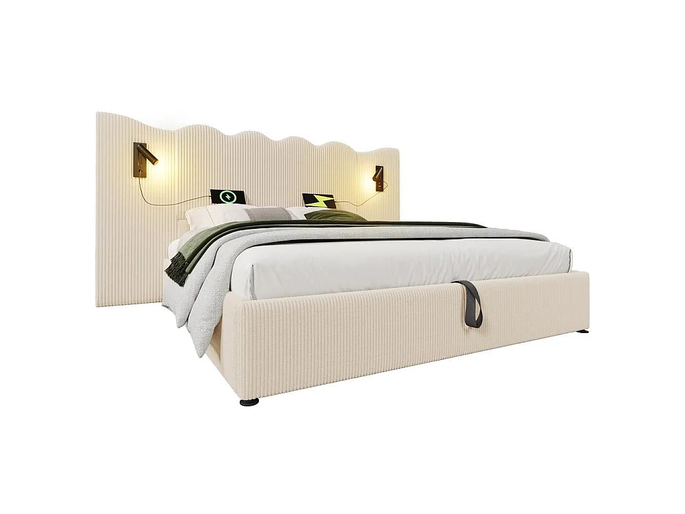 Lit double 180x200 cm, Polsterbett en cordon, hydraulique, LED lampe lecture, USB Type-C, rangement spacieux, beige