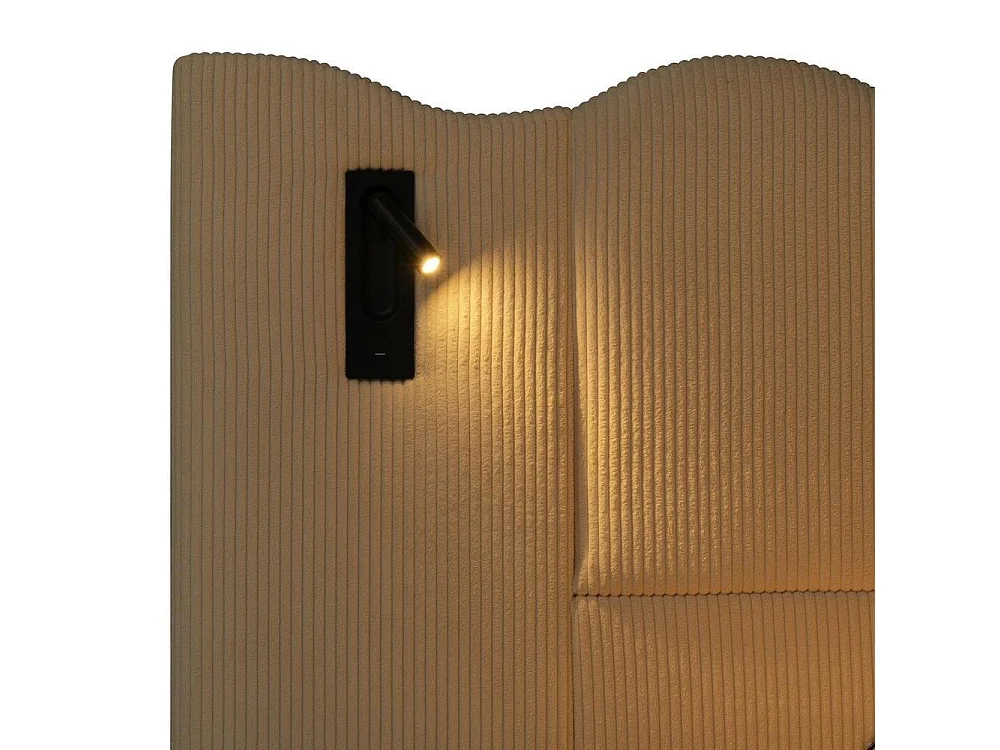 Lit double 180x200 cm, Polsterbett en cordon, hydraulique, LED lampe lecture, USB Type-C, rangement spacieux, beige